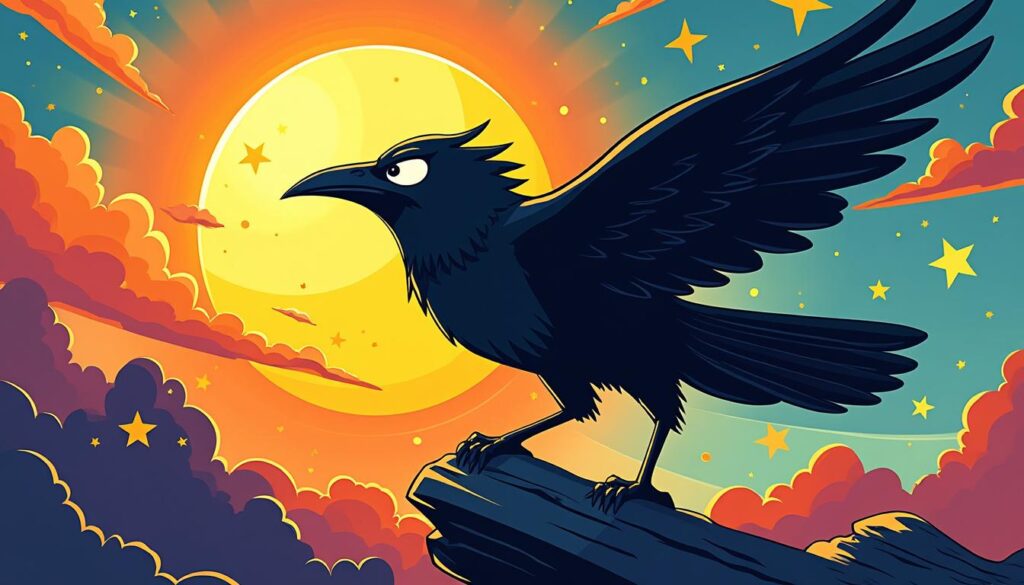découvrez l'histoire fascinante du corbeau créateur, le trickster légendaire qui déroba le soleil aux dieux, dans un récit mythique rempli d'aventures et de sagesse.