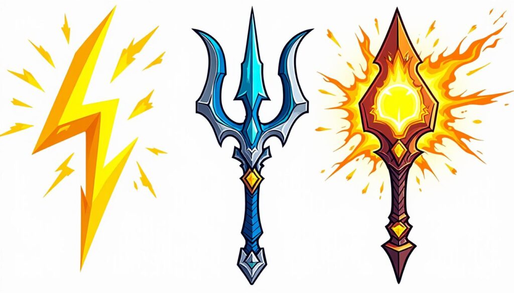 découvrez les pouvoirs légendaires des armes sacrées des dieux : le tonnerre, le trident et le glaive solaire, symboles de force divine et de magie ancestrale.