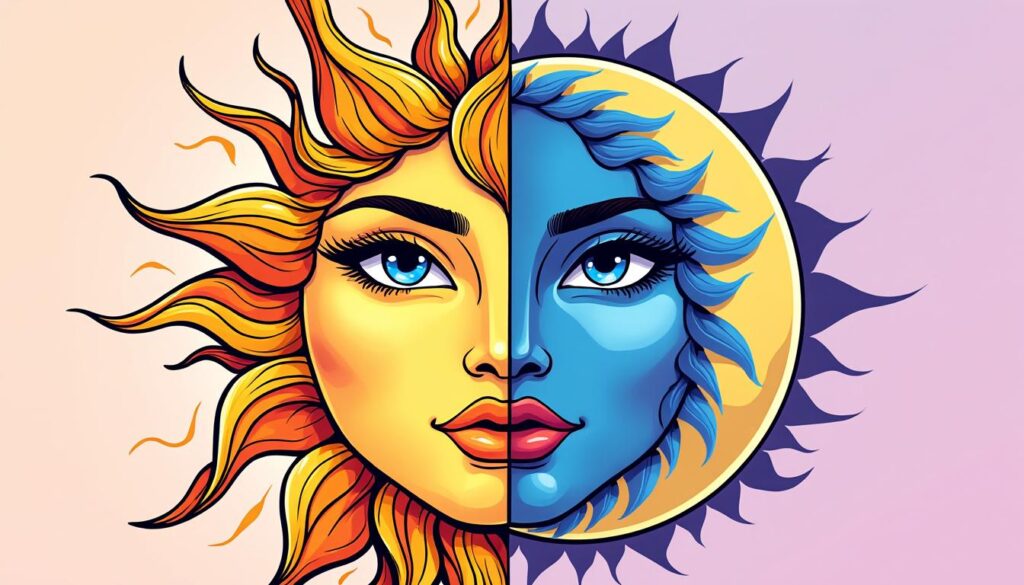 découvrez l'harmonie entre le soleil et la lune, symboles des deux visages de la lumière divine, et plongez dans une exploration mystique de leurs influences complémentaires.