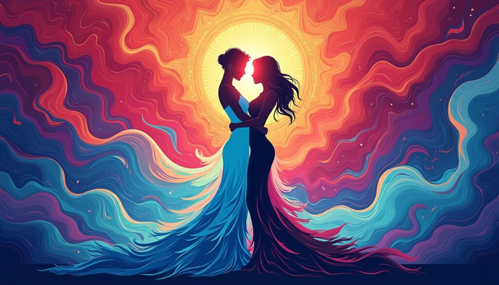 découvrez la danse éternelle des forces divines où le masculin et le féminin sacrés s'entrelacent pour révéler l'harmonie et l'équilibre universels.