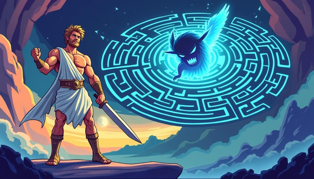 découvrez l'épopée de thésée dans le labyrinthe, où le héros affronte le redoutable minotaure en suivant le fil du destin pour triompher du monstre mythique.